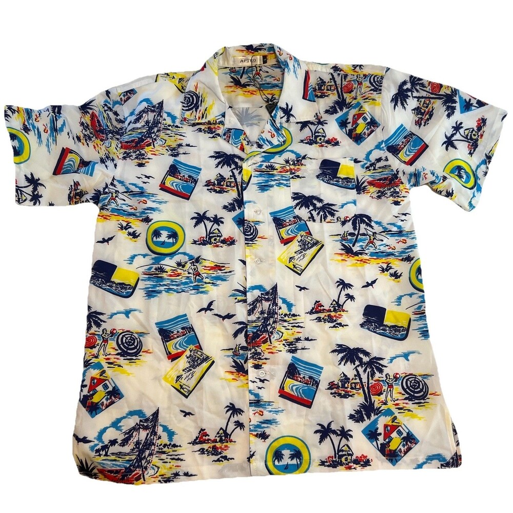 APTRO Men's Size L Hawaiian Aloha Camp Shirt  Palm Trees Sailboats Seagulls NWT